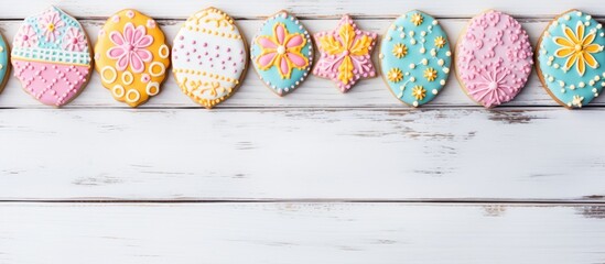 Aufkleber - Decoratively iced Easter cookies in vibrant colors arranged on a rustic white wooden background