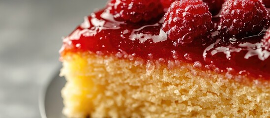 Aufkleber - Delicious slice of moist cake adorned with fresh raspberries and glossy red glaze on a textured surface.