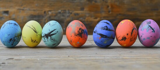 Poster - Colorful handmade Easter eggs with artistic scratches arranged on a rustic wooden table for vibrant holiday decoration concept