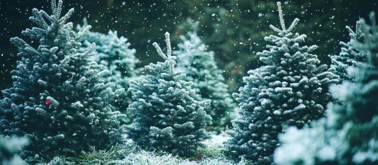 Aufkleber - Frost-covered Christmas trees in a serene winter wilderness with gentle snowfall creating a festive holiday atmosphere