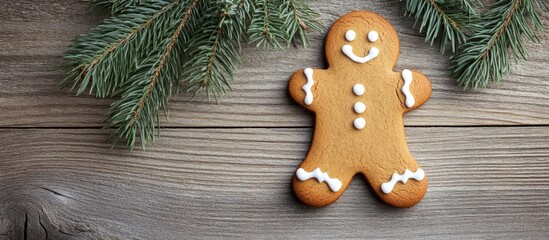 Aufkleber - Christmas greeting card design with gingerbread cookie and fir tree branch on weathered wooden background space for personalized greetings