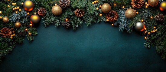 Aufkleber - Christmas lights and ornaments beautifully arranged on a green backdrop creating a festive seasonal composition with ample empty space.