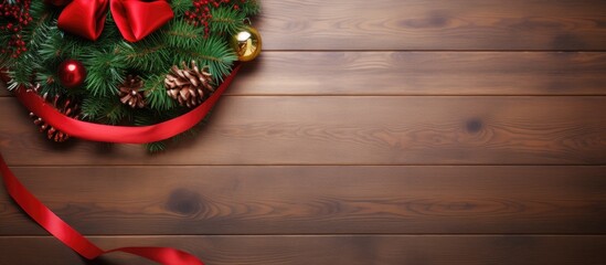 Aufkleber - Christmas wreath with red ribbon on wooden background creating a festive copy space for holiday greetings and seasonal promotions