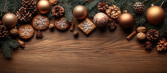 Aufkleber - Festive arrangement of Christmas cookies, ornaments, and nuts on a wooden tabletop with pinecones and greenery for a cozy holiday atmosphere