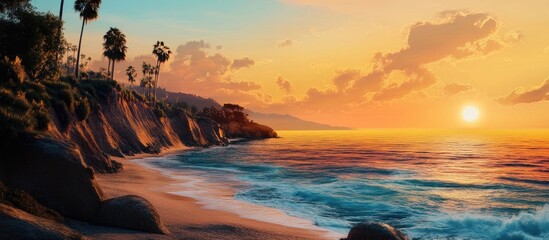 Poster - Serene coastal sunset with vibrant colors illuminating the sky and gentle waves lapping at the shore creating a tranquil seaside atmosphere