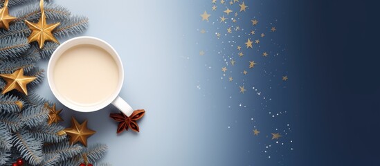 Aufkleber - Christmas scene with white mug, red textile decor, spruce branches, gold star sparkles on blue background viewed from above.