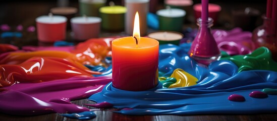 Aufkleber - Vibrant candle surrounded by colorful paint splashes on a wooden table creating a dynamic and artistic atmosphere