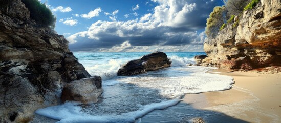 Aufkleber - Serene Coastal Landscape with Waves and Dramatic Clouds at Sunset