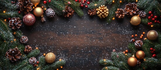 Aufkleber - Christmas flat lay arrangement with festive decorations pine cones and ornaments on rustic wooden background for seasonal advertising and promotions