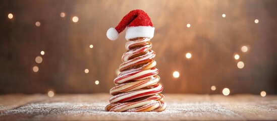 Poster - Caramel cane Christmas tree decorated with Santa hat festive holiday sweets on wooden table with lights backdrop