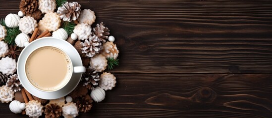 Poster - Christmas coffee arrangement with festive dÃ©cor including waffles pinecones and marshmallows on a rustic wooden surface flat lay top view