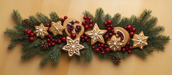 Aufkleber - Festive Christmas decoration with gingerbread cookies cranberries anise stars and pine branches arranged beautifully from above