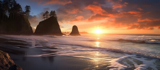 Poster - Tranquil Sunset Over Rugged West Coast with Silhouetted Rocks and Gentle Waves