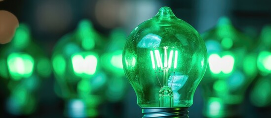 Poster - Illuminated vintage green light bulbs glowing softly in a darkened background creating a warm atmospheric ambiance