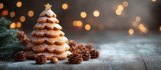 Aufkleber - Handmade gingerbread tree with bokeh background and pinecones on rustic wood, perfect for holiday cards and festive decorations