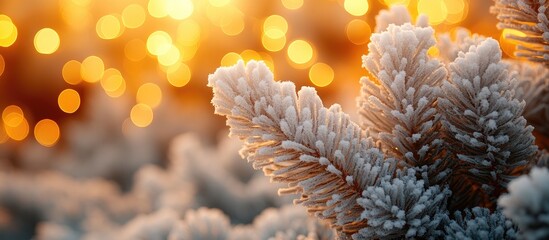 Aufkleber - Snow-covered Christmas tree branches with blurred festive lights creating a warm holiday atmosphere ideal for seasonal celebrations.