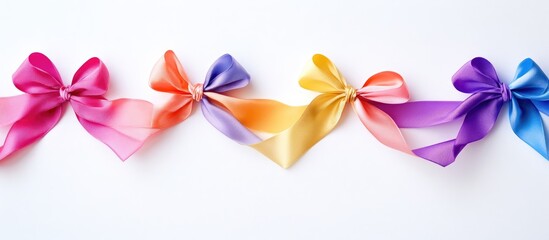 Poster - Colorful satin ribbons with bows arranged elegantly on a white background for design and decoration purposes