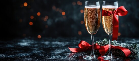 Poster - Champagne glasses tied with red satin ribbon on a dark backdrop ideal for romantic dinner gift celebrations and festive occasions