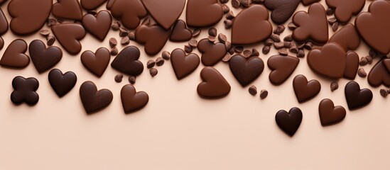 Poster - Chocolate heart cookies and chocolate chips arranged in a minimal flat lay design for dessert lovers and sweet treat enthusiasts.