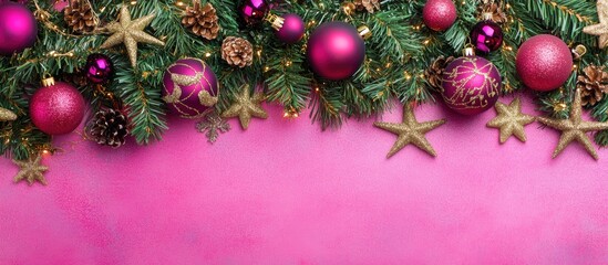 Poster - Christmas decorations on pink background with space for text perfect for postcards or invitations holiday concept top view