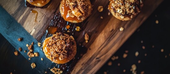 Poster - Freshly baked croffles topped with granola and caramel on a rustic wooden board, creating a tempting dessert display.