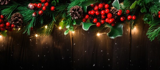 Poster - Festive Christmas decor with red berries green leaves pine cones and warm lights creating a cozy holiday atmosphere for seasonal designs
