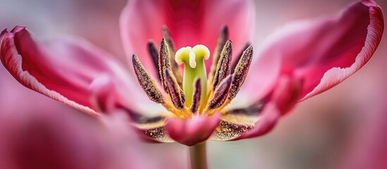 Poster - Close-up view of vibrant red tulip showcasing intricate floral details and delicate textures in a soft, blurred background.