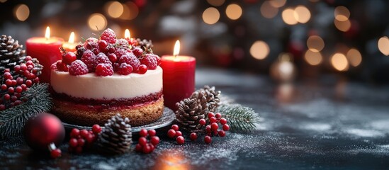 Poster - Christmas Cakes with Raspberries and Warm Candlelight on a Festive Table Surrounded by Holiday Decor and Soft Bokeh Background