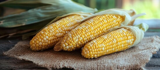 Poster - Freshly harvested yellow corn on a rustic burlap background showcasing traditional agricultural produce in culinary settings.