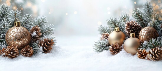 Poster - Festive Christmas and New Year backdrop featuring fir branches, cones, and golden ornaments on a snowy background for postcard design.
