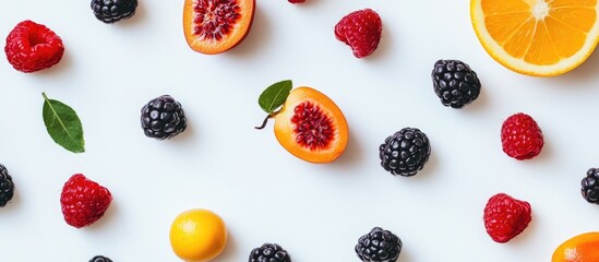 Poster - Assorted fresh fruits beautifully arranged on a white background showcasing vibrant colors and textures.