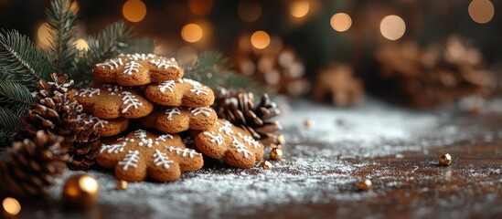 Aufkleber - Festive display of gingerbread cookies adorned with icing on a rustic table with pine cones and holiday bokeh lights in the background