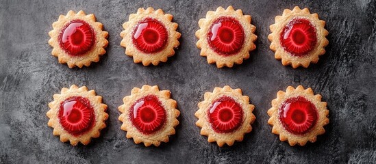 Poster - Festive Linzer cookies with strawberry filling arranged on a gray surface Perfect winter dessert for holiday celebrations