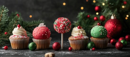 Poster - Festive Christmas cake pops and cupcakes with vibrant colors and decorations on a dark background, creating a joyful holiday atmosphere