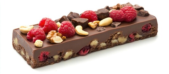 Aufkleber - Chocolate brownie topped with fresh raspberries and crunchy cashews on a white background