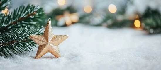 Aufkleber - Christmas Background with Golden Star Ornament and Pine Branches for Card Design Featuring Space for Customizable Text