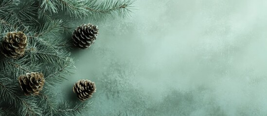 Poster - Soft green Christmas backdrop with fir branches and pine cones creating a festive holiday atmosphere for seasonal designs and decorations.