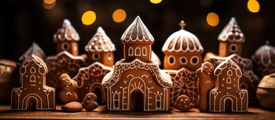 Poster - Festive gingerbread cookies crafted into charming church and village shapes adorned with intricate icing details and warm holiday lights
