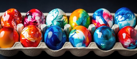 Poster - Colorful decorated Easter eggs arranged in an egg carton on a dark background showcasing vibrant patterns and festive spirit