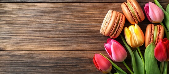 Poster - Colorful macarons and fresh tulips arranged on a rustic wooden table with plenty of copy space for text or promotional content