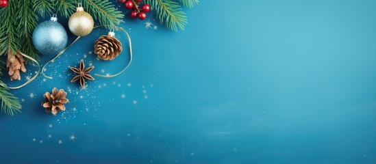 Poster - Christmas holiday decorations with fir tree branches and ornaments on blue background viewed from above with ample copy space for text