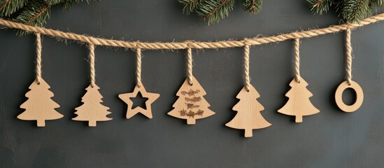 Aufkleber - Wooden Christmas Decorations Hanging on Rope Against a Dark Background Flat Lay Top View Ideal for Holiday and Seasonal Themes