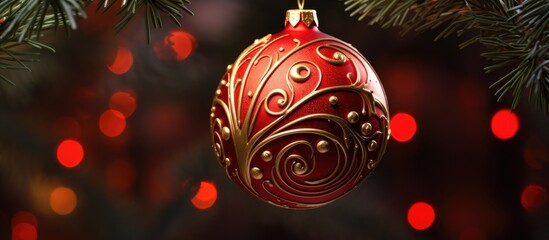 Poster - Elegant red ornament hanging on a festive Christmas tree with twinkling lights creating a warm holiday atmosphere.