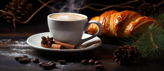 Poster - Cozy coffee scene with steaming cup cinnamon sticks pastry and pine cones on dark wooden table perfect for seasonal warmth and comfort