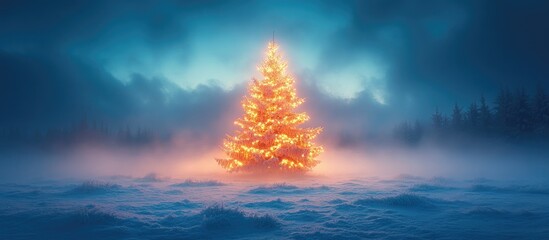Poster - Illuminated Christmas tree in foggy winter landscape against a serene blue backdrop during a tranquil holiday scene
