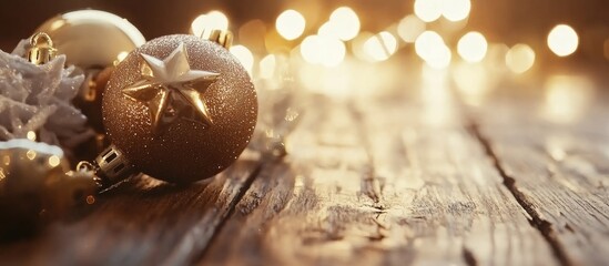Aufkleber - Christmas ornaments on a rustic wooden surface with warm bokeh lighting creating a festive and cozy holiday atmosphere