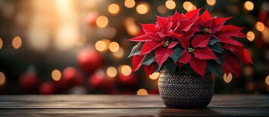 Poster - Poinsettia plant in decorative pot on wooden table with festive bokeh lights creating a warm Christmas atmosphere