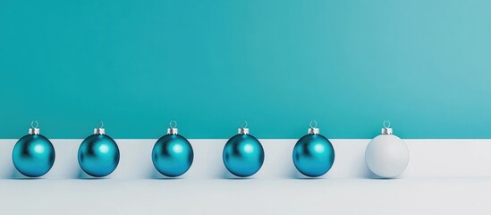 Aufkleber - Turquoise blue Christmas baubles arranged creatively on a minimalist blue and white backdrop for festive decor inspiration