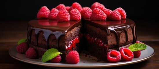 Aufkleber - Delicious chocolate cake layered with raspberry filling and topped with fresh raspberries on a rustic wooden table.