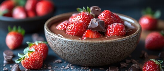 Poster - Delicious dessert with fresh strawberries and chocolate in a rustic bowl captured in a flat lay style on a dark background